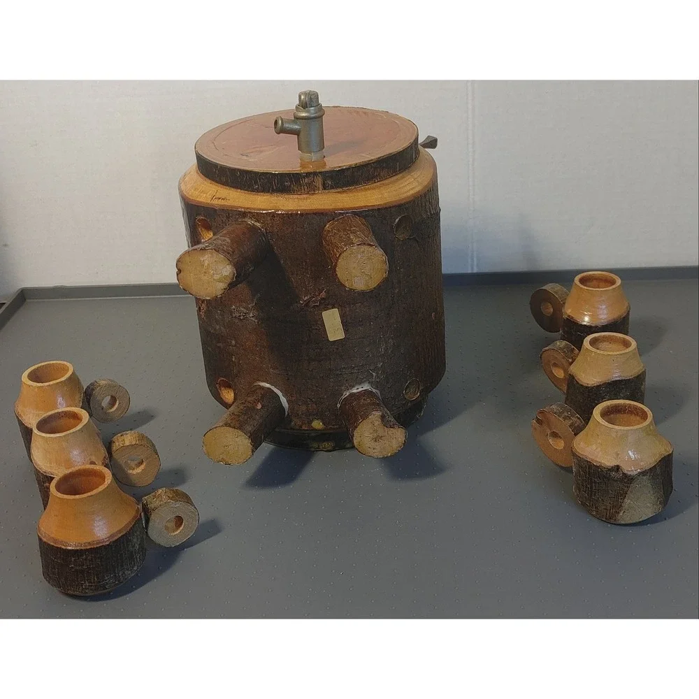 Vintage Handmade Rustic Wood Barrel Liquor Dispenser Set 7pc Brown Folk Art